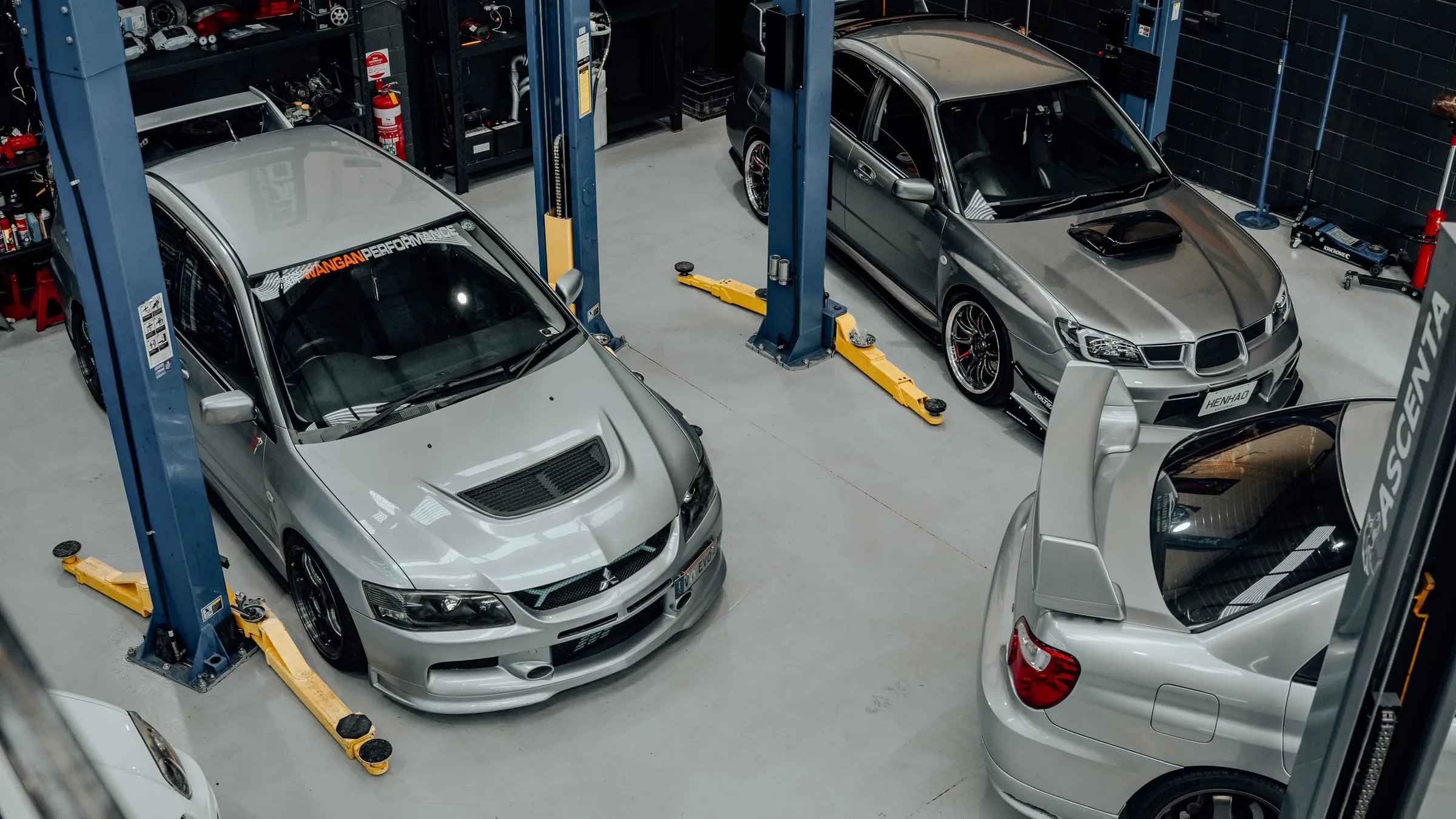 Mitsubishi Evo and cars being serviced at Wangan Performance, Oakleigh South