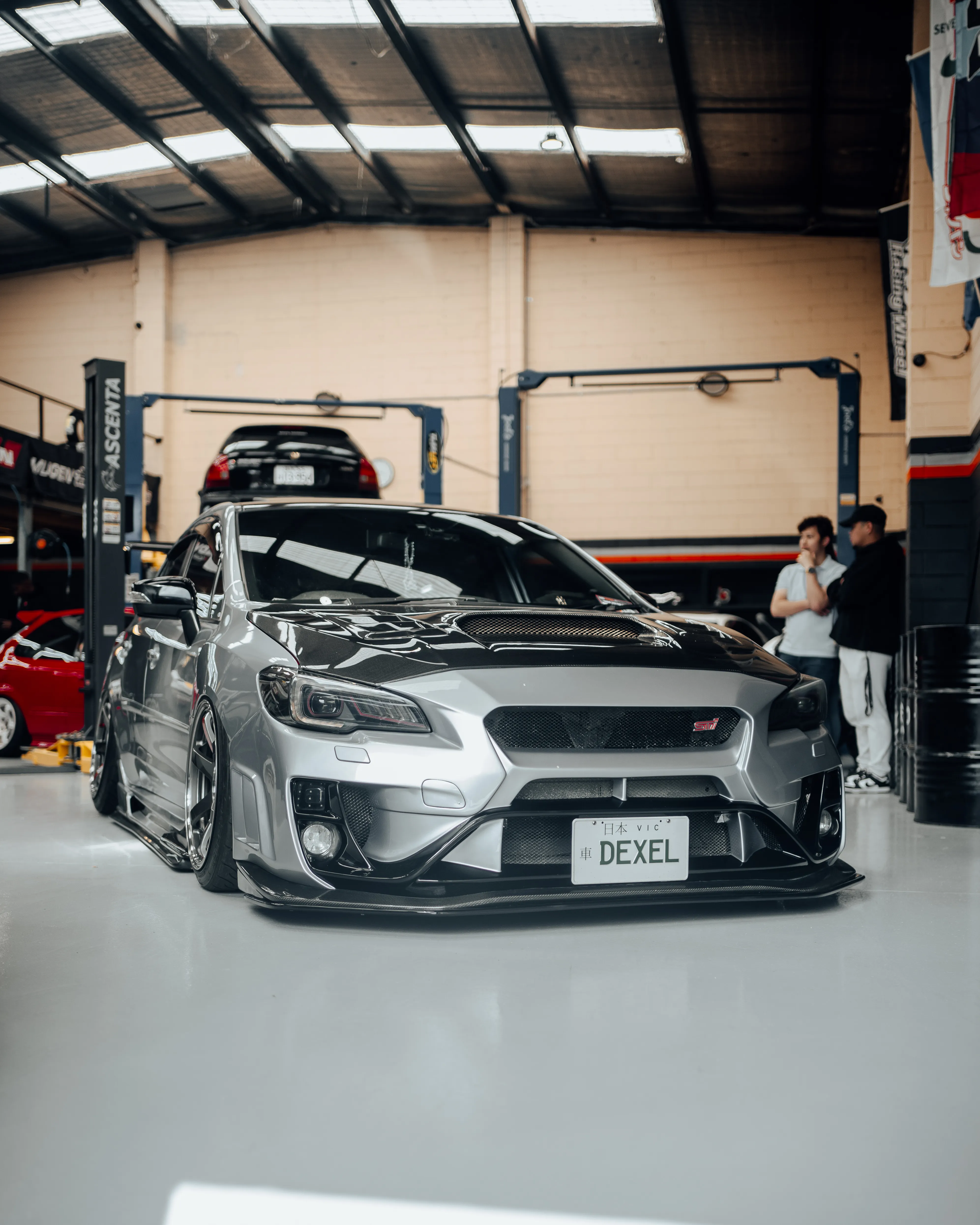 Silver Subaru WRX STI in the Wangan Performance workshop ready for inspection